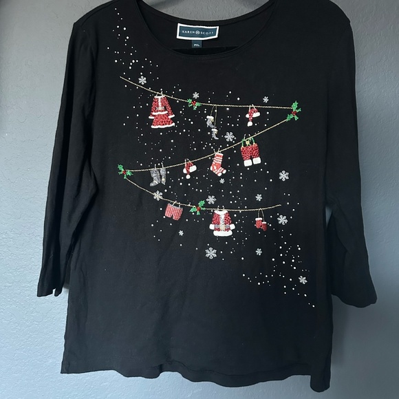 Karen Scott Embroidered Deep Black Holiday Kittens 3/4-Sleeve Top PXL - Picture 1 of 6